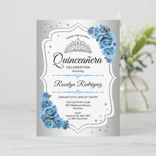 Quinceanera - Silver White Blue Einladung (Stehend Vorderseite)