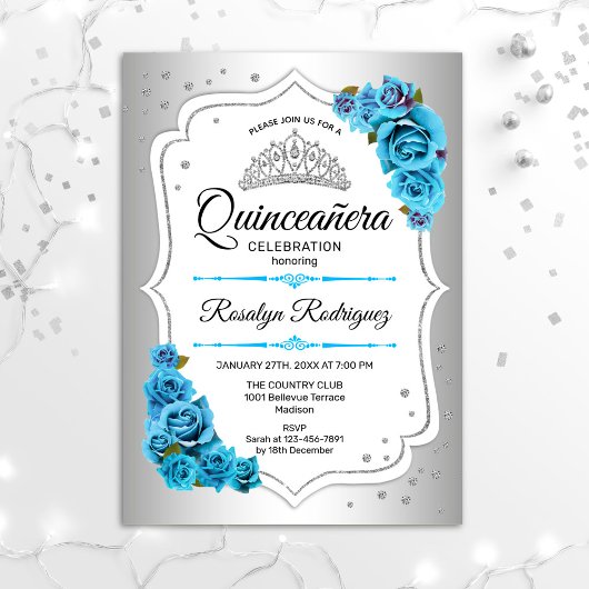 Quinceanera - Silver White Blue Einladung