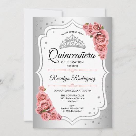 Quinceanera - Silver White Blush Pink Einladung (Vorderseite)
