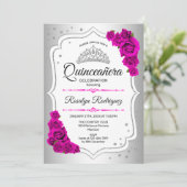 Quinceanera - Silver White Pink Einladung (Stehend Vorderseite)