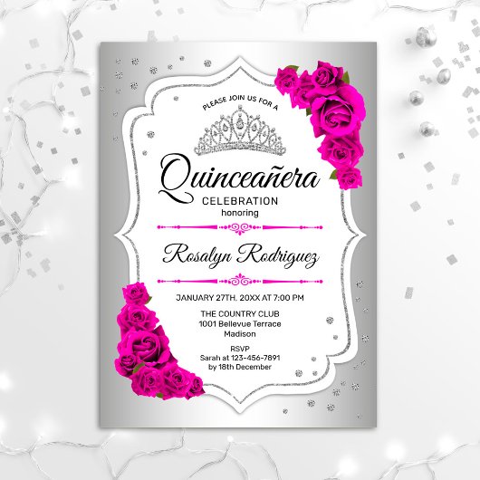 Quinceanera - Silver White Pink Einladung