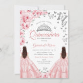 Quinceanera Silver White Pink Floral Twins Einladung (Vorderseite)