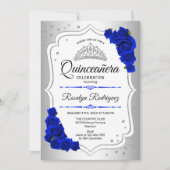 Quinceanera - Silver White Royal Blue Einladung (Vorderseite)