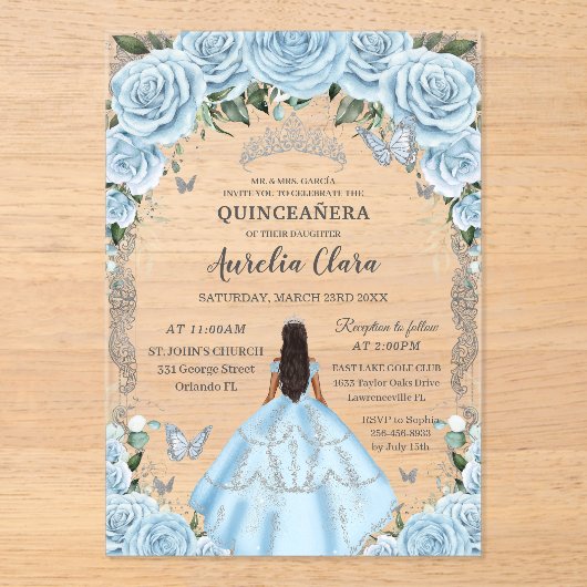 Quinceañera Sky Blues Dress Tan Princess Acryleinladungen (Vorderseite)