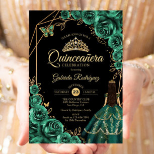 Quinceanera Smaragd-Gold Kleid Floral  Einladung