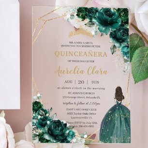 Quinceañera Smaragdgrün Floral Gold Prinzessin Acryleinladungen