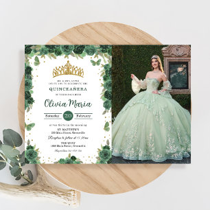 Quinceañera Smaragdgrün Floral Schmetterlinge Foto Einladung
