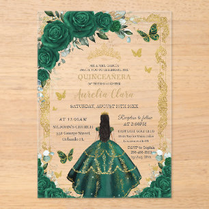 Quinceañera Smaragdgrün Floral Schwarz Haar Gold Acryleinladungen