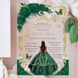 Quinceañera Smaragdgrün Florale Prinzessin Gold Acryleinladungen