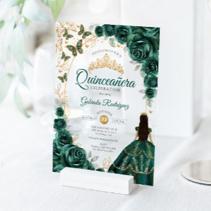 Quinceanera Smaragdgrün Gold Blumen Acryleinladungen