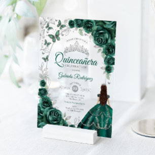 Quinceanera Smaragdgrün Silber Floral Acryleinladungen