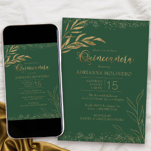 Quinceanera Smaragdgrün und Goldblatt Elegant Einladung