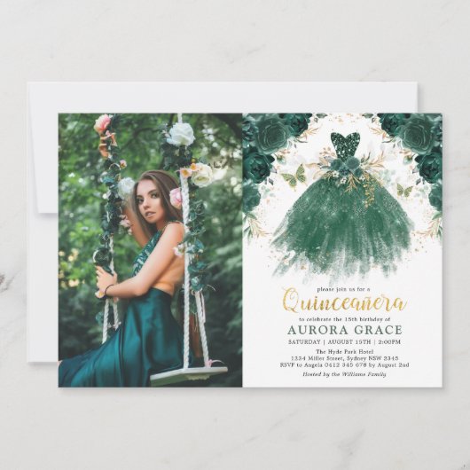 Quinceañera Smaragdgrün verzauberter Wald Flora Einladung (Vorderseite)
