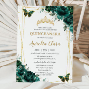 Quinceañera Smaragdgrüne Florale Schmetterlinge Ti Einladung