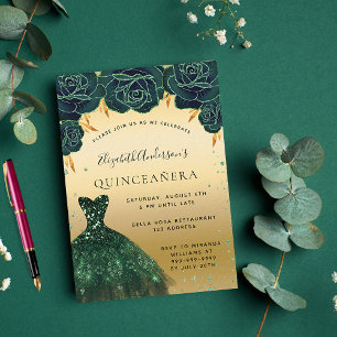 Quinceanera smaragdgrüner goldenes Kleid floral Einladung