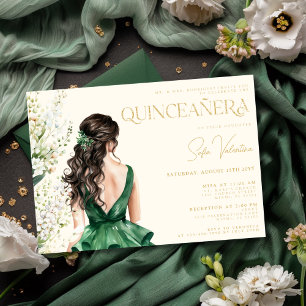 Quinceañera Smaragdgrünes Kleid Floral Brünette Einladung