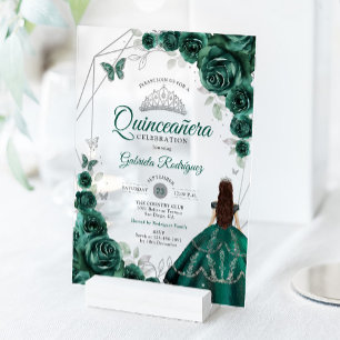 Quinceanera Smaragdgrünes Kleid Silber Acryleinladungen