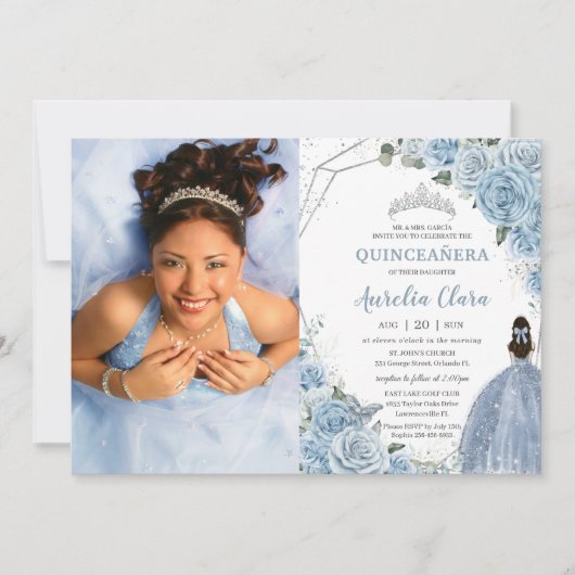 Quinceañera Soft Baby Blue Floral Prinzessin 15 Añ Einladung (Vorderseite)