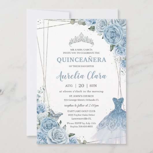 Quinceañera Soft Baby Blue Floral Rose Kleidung Go Einladung (Vorderseite)