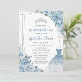 Quinceañera Soft Baby Blue Floral Rose Kleidung Go Einladung (Stehend Vorderseite)