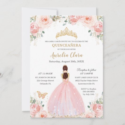 Quinceañera Soft Blush Floral Butterfliegen Prinze Einladung (Vorderseite)