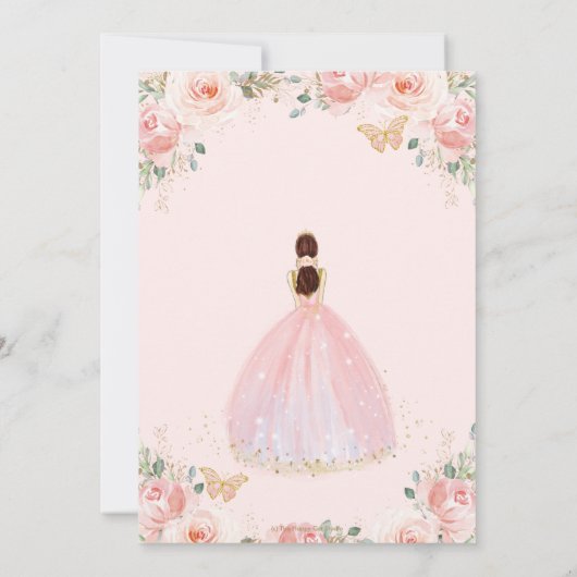 Quinceañera Soft Blush Floral Butterfliegen Prinze Einladung (Rückseite)