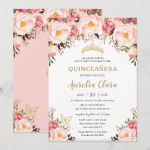 Quinceañera Soft Blush Floral Gold Tiara Butterfly Einladung