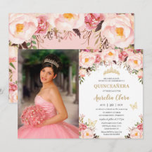 Quinceañera Soft Blush Floral Gold Tiara Butterfly