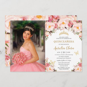 Quinceañera Soft Blush Floral Gold Tiara Butterfly Einladung