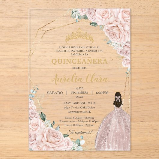 Quinceañera Soft Blush Pink Roses Floral 15 Años Acryleinladungen (Vorderseite)