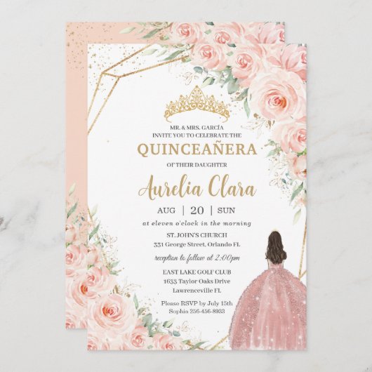 Quinceañera Soft Blush Rose Blume Crown Einladung (Vorne/Hinten)