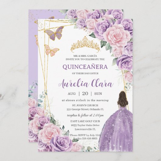 Quinceañera Soft Lila Lilac Pink Blütenprinzessin Einladung (Vorne/Hinten)