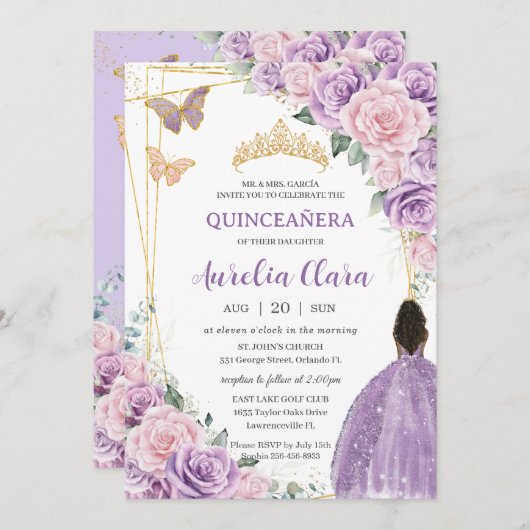 Quinceañera Soft Lila Pink Floral Brown Princess Einladung (Vorne/Hinten)