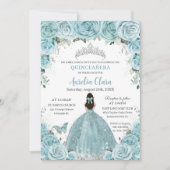 Quinceañera Soft Turquoise Floral Silver Crown Einladung (Vorderseite)