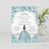 Quinceañera Soft Turquoise Floral Silver Crown Einladung (Stehend Vorderseite)