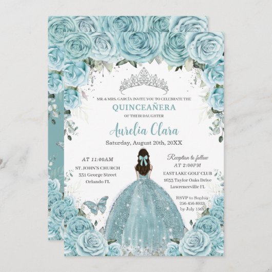 Quinceañera Soft Turquoise Floral Silver Crown Einladung (Vorne/Hinten)