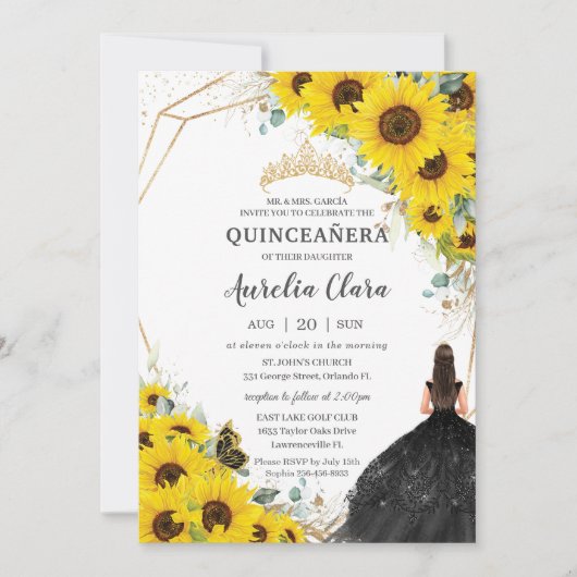 Quinceañera Sonnenblumen Blumen Gold Schwarzes Kle Einladung (Vorderseite)