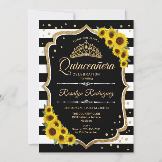 Quinceanera - Sonnenblumen Streifen Einladung (Vorderseite)