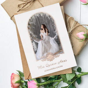 Quinceañera Spanisch Fancy Rose Gold Bogen Foto Folieneinladung