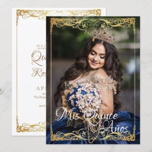 Quinceañera Spanisches Mis Quince White Gold Foto Einladung