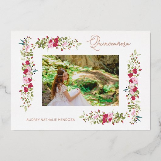 Quinceañera Spanish Whimsical Typography Flowers Folieneinladung (Vorderseite)