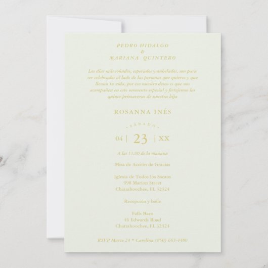 Quinceañera Spanish Yellow & Gold Romantic Swan Einladung (Rückseite)