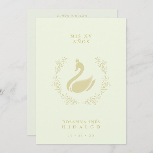 Quinceañera Spanish Yellow & Gold Romantic Swan Einladung (Vorne/Hinten)