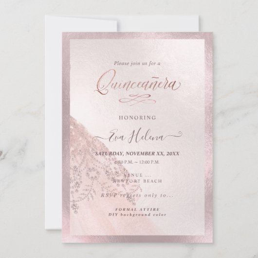 Quinceañera, Sparkassenspiel, Imitate Rose Goldkar Einladung (Rückseite)