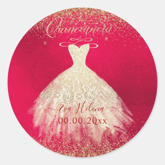 Quinceañera, Sparkle+Glimmering Gown, Imitate Gold Runder Aufkleber (Vorderseite)