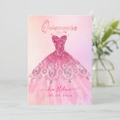 Quinceañera , Sparkle Gown, Pink Cherry Ombre Einladung (Stehend Vorderseite)