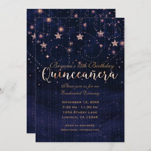 Quinceañera Starry Night Lila & Gold Whimsical Einladung (Vorne/Hinten)