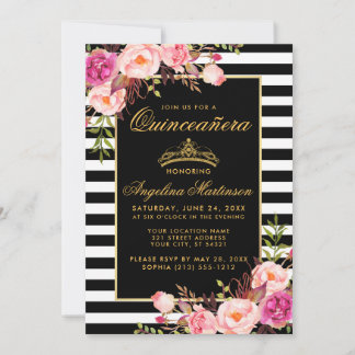 Quinceanera Streifen Rosa Blütengoldene Krone Einl Einladung