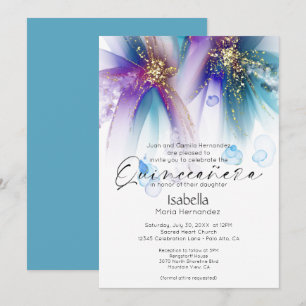 Quinceanera   Striking Türkis Lila Abstract Einladung