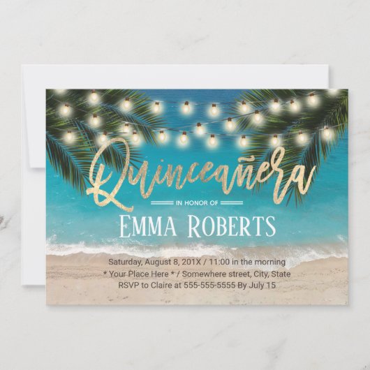Quinceanera String Lights Tropical Beach Geburtsta Einladung (Vorderseite)